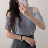 South Korea Dongdaemun 2026 Summer New Sweet Open Shoulder Thin Solid Color Loose Knit Shirt Top