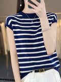25 Spring And Summer Round Collar Color Classic Striped Short-Sleeved Women's T-Shirt Loose Thin Bottom Knitted Shirt Shirt Top