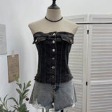 Vintage Water Wash Denim Breasts A Word Shoulder Button Open Shirt Vest To Take Sleeveless Top Lady 617