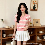 Vintage Style Stripe Polo Collar New British Style Summer Short-Sleeved Knitted Shirt Women's Casual Soft-Chamed Top