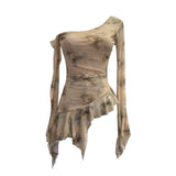 Personality Tie-Dye-Print Oblique Shoulder Dress Repair Irregular Lotus Horn Long-Sleeved Mesh T-Shirt 9955