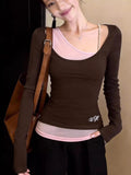 Fake Two Long-Sleeved T-Shirts For Women Wearing Coffee-Colored Bottom Shirts In The Early Spring To Put On A Thin Hottie