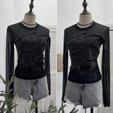 Real Shooting Spice Girls Irregular Hairy Denim Splicing Perspective Mesh Long Sleeves Bottom Shirt Short T-Shirt 8978