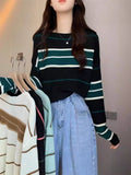 Short Knitted Shirt Women Spring Autumn Korean Chic Style Wearing Striped Hit-Bottomed Shirt Lazi Long-Sleeved Top