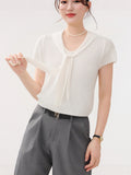 Grey Ribbon Strap Ice Silk Short-Sleeved Knitted Shirt Summer 2025 New Body-Cuff Hollow Shirt Solid Color Top