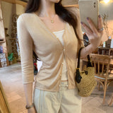 Korean Beautiful Thin V-Neck Seven-Sleeve Knitted Cardigan Women 2026 New Beautiful Small Outer Hoodie Shirt