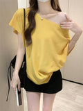 French Oblique Knitted Bat Sleeve T-Shirt For Women's Summer Pure-Willed Loose Short-Sleeved Ins Sexy Out-To-Shoulder Bottom Top