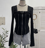 Real Shooting Square Zipper Open Shirt Design T-Shirt Bottoming Shirt Girl Body Short Hot Girl Hair Coat 2679