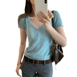 Unique Special Hollow Micropermeable V-Neck Knitted Short-Sleeved T-Shirt For Women 2025 Summer New Slim Slim Top
