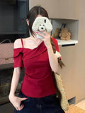 Red Shoulder Oblique Shoulder Short Sleeve T-Shirt 2026 Summer Large Fat Mm Thinch Waist Unique Beautiful Top