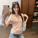 Beautiful Single-Wear Lace Splicing V-Neck Shoulder Short-Sleeved T-Shirt Women 2026 Summer New Design Sense Niche Top