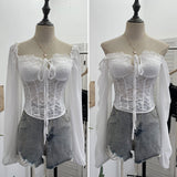 Real Shot French Lantern With Chest Tender Tops With Cuffed Shoulders With Dark Band Lace T-Shirt 8121