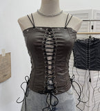 Punk Babes Hollow Strapped Braped Pu Skin Top Female Tight Sexy Short Hanging Neck Vest 2765