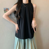 Korean Sleeveless Hanging Neck Shirt Women's Spring New Fashion Collar Design Feel Folded Blue Top Tide