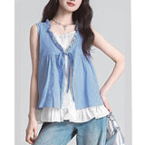 Lace Splicing Fake Two Plaid Sleeveless Vest Shirt Women Summer Lotus Edge Bow Tied With Loose Top