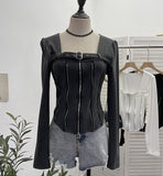 Real Shooting Square Zipper Open Shirt Design T-Shirt Bottoming Shirt Girl Body Short Hot Girl Hair Coat 2679