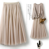 Women's Clothing 2025 Autumn And Winter 2025 New 20 Pieces Spliced Solid Color Mesh Dress Skirt A Word Umbrella Skirt