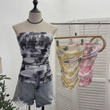Thai-Style Splash Ink Dye Mesh Wrap Chest Vest Irregular Stacked Folded Sleeveless Top 9950