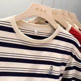 Fashion Classic Striped T-Shirt Women's Short-Sleeved Summer New Embroidered Bear Loose Half-Sleeved Casual Cotton Collar Top