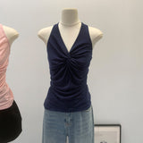 Real Shot Lyselle Tian Silk Wool Hanging Back Twisted Folded V-Neck Sleeveless Sleeve Sling Vest Female Summer Design Blouse