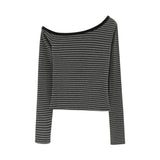 2026 Early Spring Hottie Slanted Shoulder Design Gray Striped Long-Sleeved T-Shirt Women In Early Autumn To Play Bottom Shirt