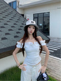 French One-Word Collar Slanted Short-Sleeved T-Shirt For Women's Summer Design Sense Of The Lotus Leaf Side Short-Carved Shoulder Coat