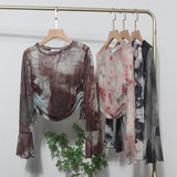 Sunscreen Not Sultry Hot Tie Dye Net Yarn Long-Sleeved T-Shirt Drawstring Tethered With Short-Sized T-Shirt Horn Sleeve Top 8929