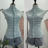 Drilling Sleeveless Vest Wearing Half-High Neck Net Yarn Slime Folded T-Shirt Blouse Female 2589