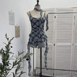 Real Shooting Mesh Lattice Asymmetric Slings Women Summer New Vest Repair Ribbon Hanging Neck Sleeveless Top 8160