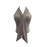 Real Shot With Chest Pad Hanging Neck With Metal Buckle Sling Vest Women Short Knitted Sleeveless Top 9293