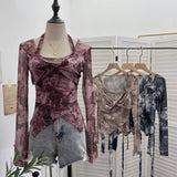 Single Special To The Net Yarn Design Sense Hanging Neck Top Cross Folded Repair Short T-Shirt 1178