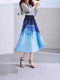 2025 New High-Rise Half-Dress Woman Tight Waist Ink Print Design Sense A-Character Skirt In The Long Folded Skirt