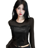2025 Wear Design-Sensitive Mesh Splicing Fashion Long-Sleeved Top Women's Spring Fashion Style Short T-Shirt