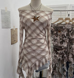 Vintage One-Word Shoulder Long-Sleeved T-Shirt Babes Net Embroidery Irregular Ribbon Dress 12901