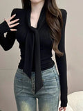 Pure Style With V-Neck Blouse Long-Sleeved T-Shirt Women's Thin Bottom Shirt New Design Sense Thin Top