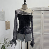 Slanted Shoulder Sling Screen Splicing Irregular Cowboy Horn Long Sleeve Top Short T-Shirt 2789