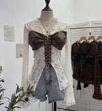 Real Shooting V Tie With Retro 2025 New Hottie Sexy Lace Splicing Pu Leather Hollow Shirt Top 6108