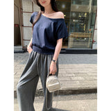 Real Shot A Word Shoulder Slant Shoulder Waist White Short-Sleeved T-Shirt Women's Summer 2026 New Pure Desire Design Sense Short Top
