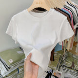 European Ice Silk Mask Gray T-Shirt Women's Short-Sleeved Summer 2025 New Knitted Bottom Collar Top