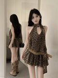 Vintage Babes Leopard Hanging Neck Dress Women's New Thin Waistless Sleeveless Skirt A Short Skirt