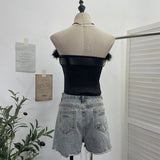 Real Shooting Millennium Babes Hair Splicing Pu Leather Belt Brae Waistcoat With Chest Cushions With Short Shirt 1351