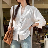 Korean Super-Good-Looking Half-Clave Shoulder V-Neck Loose Long-Sleeved Shirt Women 2025 New Unique Design Feel Top