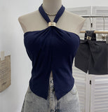 French Hanging Neck Sling Vest With Chest Pad Open Fork Short Bramped Stairless Top 9286