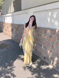 French Fairy Temperament Seaside Holiday Dress Pendant Yellow Dizzling Print V Tie Dress Female Summer