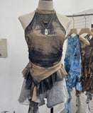 Trend Irregular Hanging Neck Dyeing Net Yarn Vest Lotus Side Ribbon Short Sleeveless Top 9969