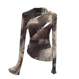 Pure Want To Play The Bottom Of The Long-Sleeved T-Shirt Design Hollow Print Irregular Mesh Yarn Personality Hottie Top 2629