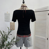 Real Shooting Two Hit Color Cut Rivet Tie With Chest Pad Short-Sleeved T-Shirt 28191