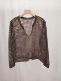 Loose Hollow Knitted Shirt Design Long-Sleeved Top Women Spring Summer New Open Fork Hooded Shirt Niche Blouse Tide
