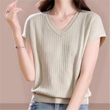 2026 Summer Loose New V-Neck Stripe Simple Short-Sleeved Knitted Shirt Women Large Size Thin Leisure