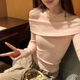2026 Early Spring Design Sense Unique Fake Two-Word Shoulder Shoulder Long-Sleeved Knitted Shirt Women Autumn Shirt